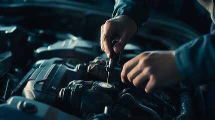 Mechanic checking the oil level of a car engine. Featuring car maintenance and oil check