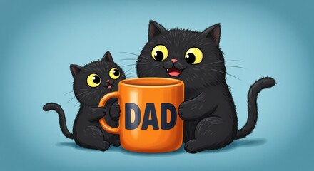 Two black cats with yellow eyes and pink noses, one holding an orange mug with the word 'DAD'