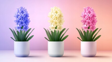 Obraz premium Three potted hyacinths display their colorful blossoms, featuring blue, yellow and pink flowers against a soft gradient background.