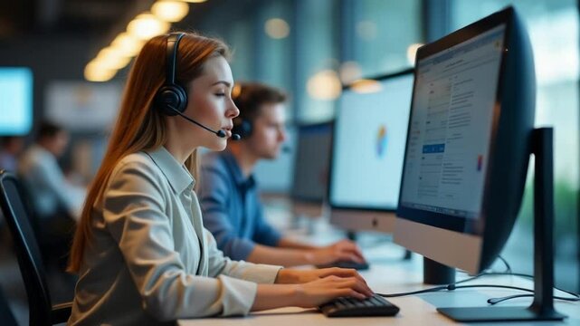 Focused Female Customer Service Representative at Modern Office Workstation