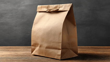A simple brown paper lunch bag sits on a wooden table against a dark gray background. Perfect for food delivery or takeout packaging.
