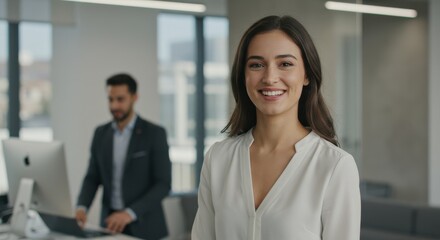 Obraz premium Woman in white blouse smiling at camera in modern office with man working at desk