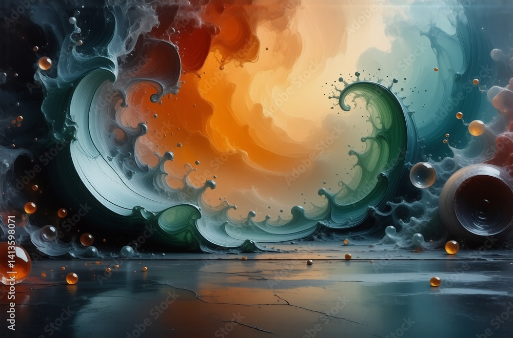 Poster abstract swirling waves of teal and orange surge across a dark, reflective surface, interspersed wit