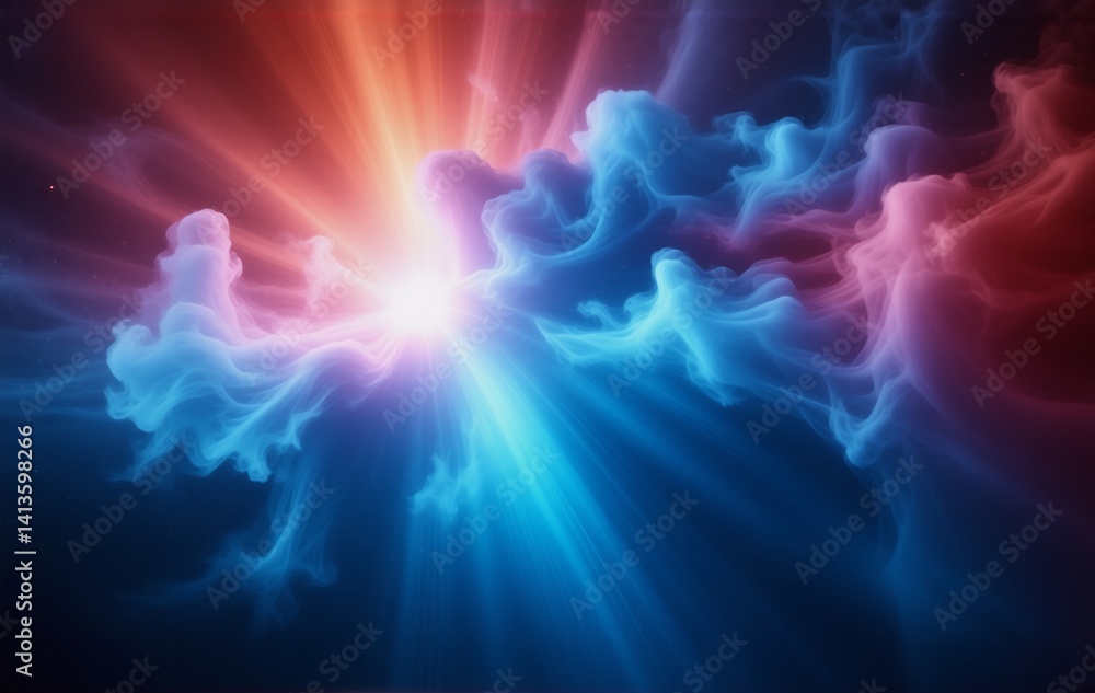 Poster Abstract image depicting a vibrant collision of red, orange, and blue energy, resembling a cosmic event or swirling nebula.  The colors blend and contrast dynamically, creating a sense of movement and