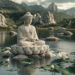 Serene Buddha statue sits atop a lotus flower, amidst a tranquil lake and mountains.  Peaceful and meditative.