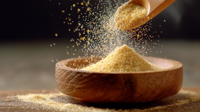 Roasted soybean flour kinako being sprinkled softly