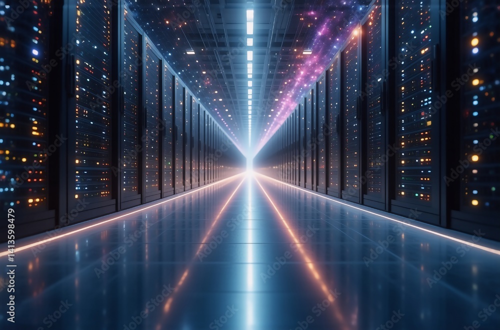Fototapete A glimpse inside a data center, with rows of servers extending into a vanishing point. The lighting creates a futuristic glow, hinting at the flow of information. The floor reflects light, creating sy