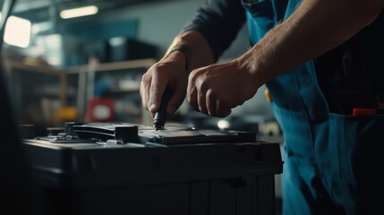 Mechanic installing a car battery in a garage. Featuring auto maintenance and repair work
