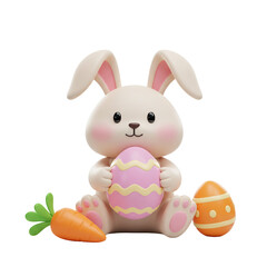 Cute Easter Bunny Holding Egg with Carrot on Isolated Background