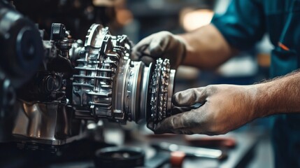 Naklejka premium Mechanic repairing a car transmission in an auto shop. Featuring automotive repair skills and precision