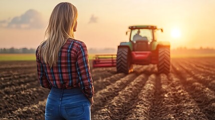 Woman in Work Clothes Observing Tractor at Sunset in Fields