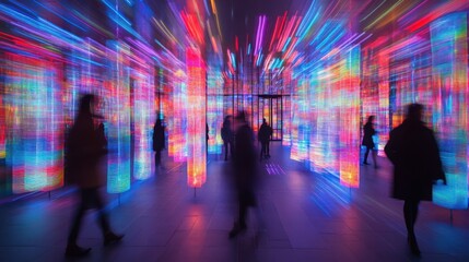 Vibrant light installation with blurred figures exploring colorful space