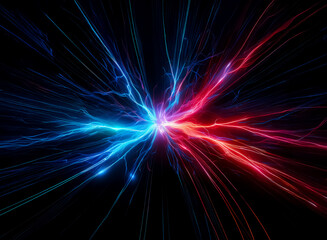 Hints: Focus on the energy, color, and form.

Abstract energy bursts in vibrant blue and red hues against a dark backdrop. The striking visual represents a dynamic clash of forces and radiant luminosi