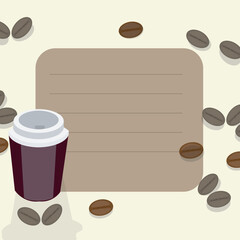 Instagram post template with a takeaway coffee cup, scattered coffee beans, and empty space for personalized text. Cozy and modern design perfect for invitations, greeting cards, announcements, or pro
