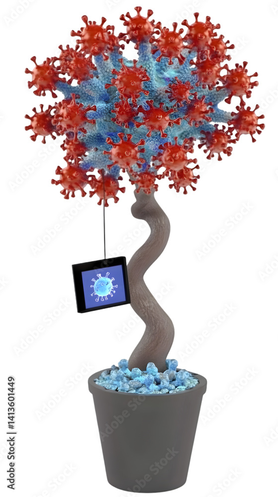 Poster 3d render of digital virus tree with red blue colors on isolated background