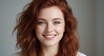 Fototapeta premium Close-up portrait of a young woman with striking red hair and bright blue eyes smiling warmly