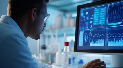 Medical researcher analyzing data on a computer screen in a lab. Featuring data analysis and healthcare research