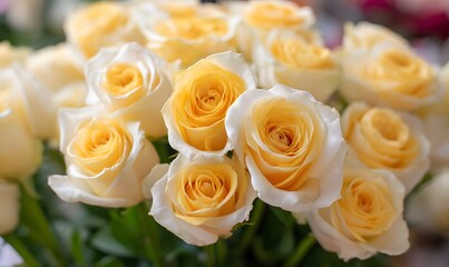 Obraz premium A bunch of yellow roses with a soft gradient of deep yellow that transitions to creamy white. Generative AI