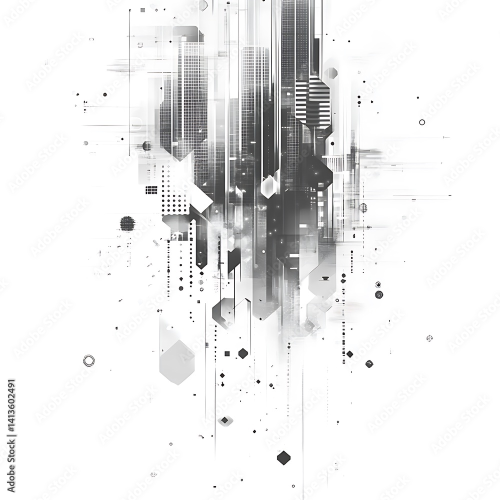 Poster abstract grayscale digital art featuring geometric shapes and lines, creating a dynamic, futuristic 
