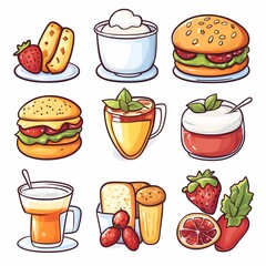 Cartoon Dessert and Beverage Variety. Vibrant Strawberry Smoothie, Dairy Treats & Tasty Burgers