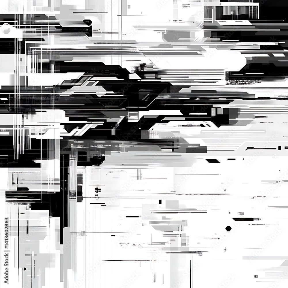 Poster abstract grayscale digital art with layered geometric shapes and motion blur effect