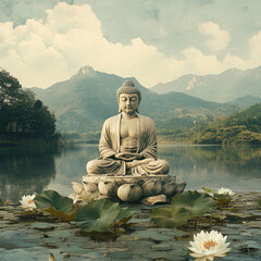 Serene Buddha statue sits in peaceful lotus position amidst a tranquil lake and lush greenery, creating a meditative atmosphere.