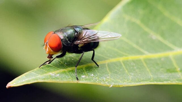 Green fly (Calliphora vomit) is cleaning its body on a leaf. Green flies are often seen flying around trash cans, pet waste, and dead animals. They also carry various dangerous diseases