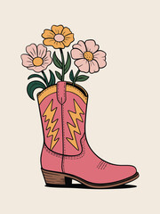 Pink Cowboy Boot with Flowers and Lightning Bolt