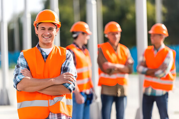 Confident construction worker with team standing outdoors at building site