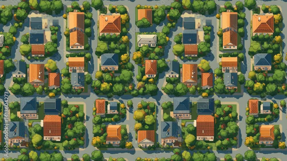 Poster seamless looping pattern of tiled pixel neighborhood in night palette.