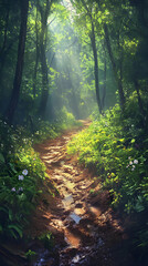 Fototapeta premium Nature's Challenge: Navigating Muddy Trails in Lush Paradise