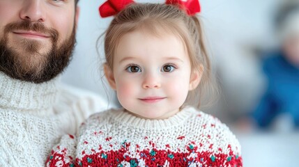 Adorable girl in festive sweater with father soft warm family portrait