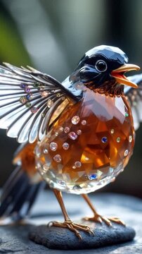 Sparkling Crystal Bird Figurine with Outstretched Wings Decorated with Multicolored Gemstones Standing on a Stone Surface