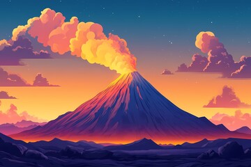 Volcano Eruption Illustration. Dramatic Sunset Sky Over Serene Natural Landscape