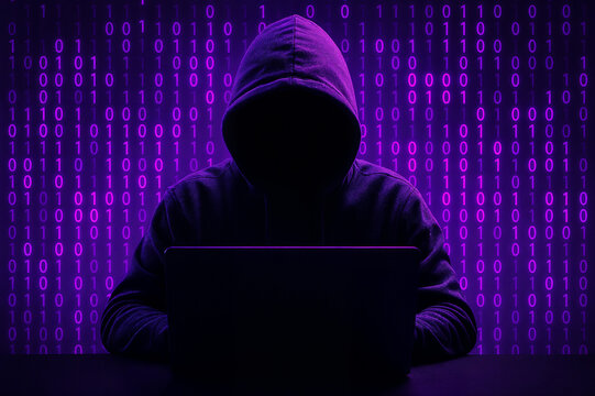 Anonymous hacker wearing a hoodie working on a laptop with purple binary code in the background - Hacker an&ocirc;nimo com capuz. Cibercrime. Ataque cibern&eacute;tico. Golpistas na internet