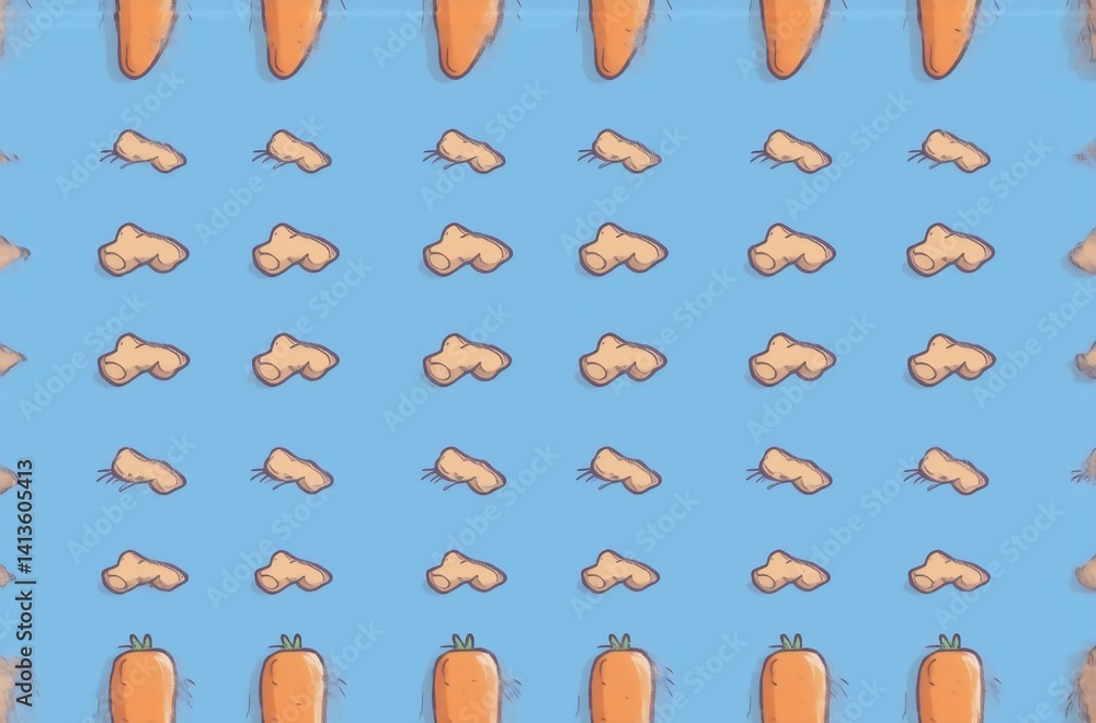 Poster a repeating pattern featuring cartoon carrots and ginger root pieces on a light blue background. a f