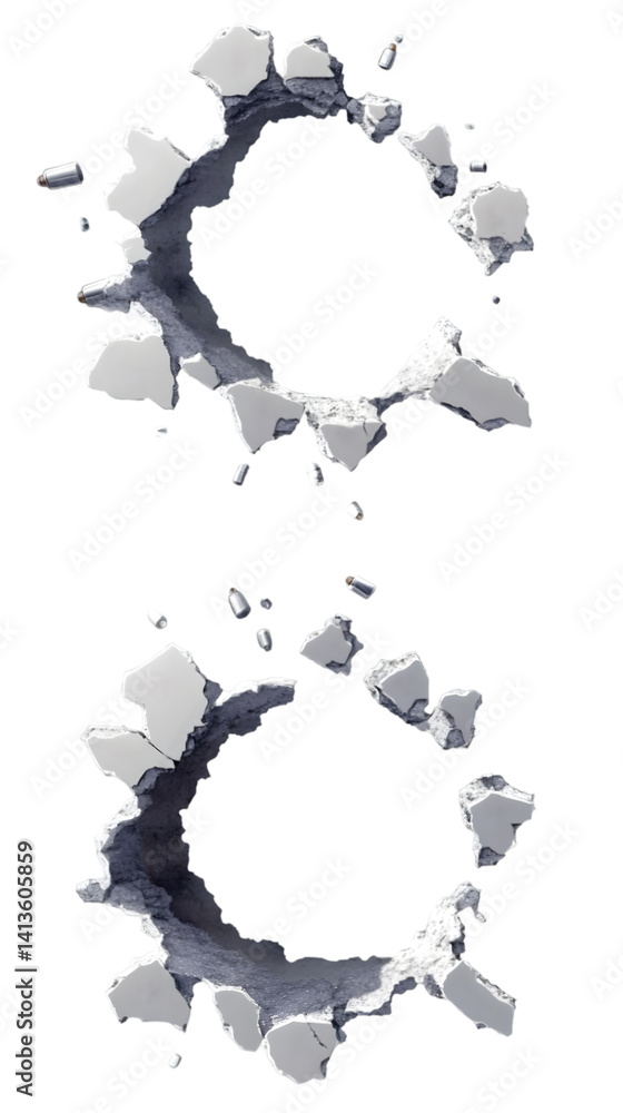 Poster abstract 3d render of fractured gray circles on isolated transparent background