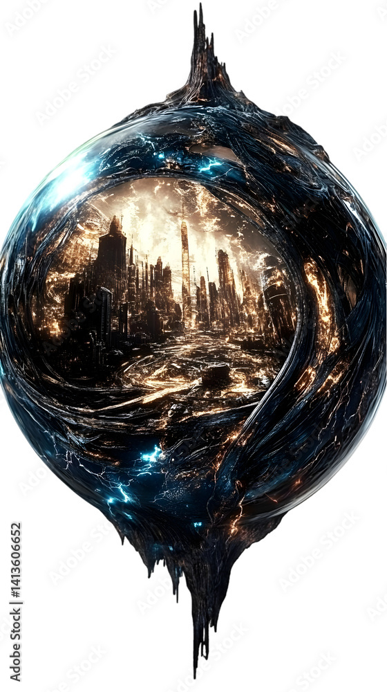 Poster abstract 3d sphere depicting cityscape inside on transparent background