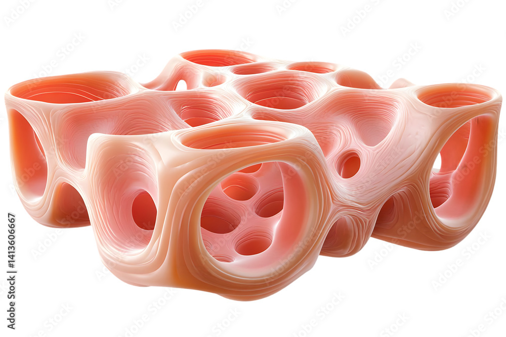 Poster abstract 3d structure with holes in pink color on transparent background