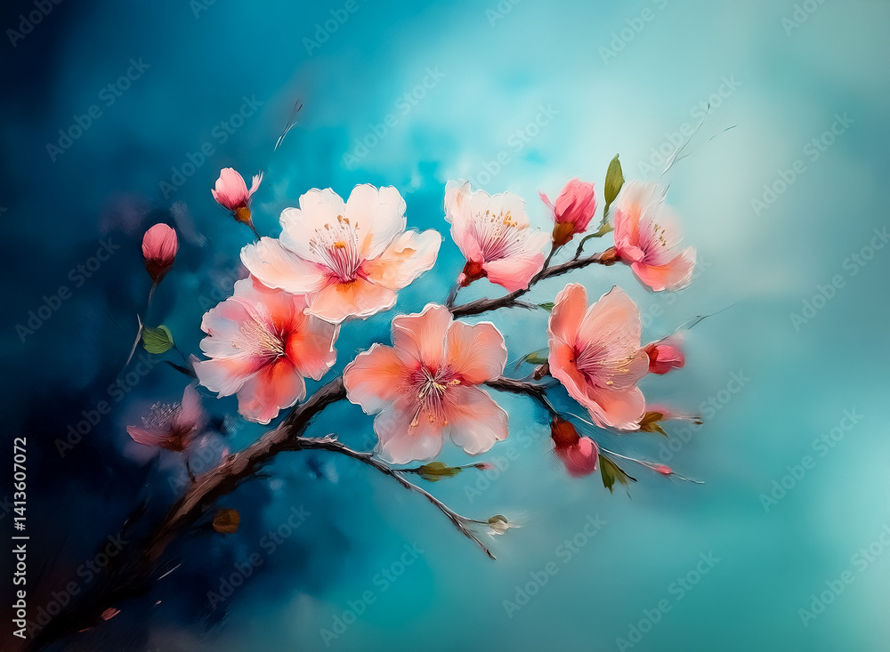 Aufkleber here's the description and keywords based on the image of cherry blossoms against a blended blue bac