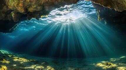 Obraz premium Sunlight streams into an underwater sea cave.