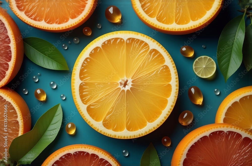 Poster vibrant citrus fruit slices arranged on a teal background, accented with fresh leaves and translucen