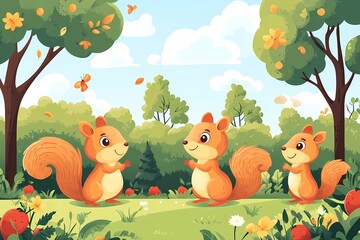Fototapeta premium Playful Squirrels in a Vibrant Forest Illustration – Whimsical Nature Scene for Children with Adorable Animals in Summer Fairy Tale Meadows