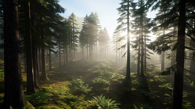Lumi&egrave;re matinale traversant la for&ecirc;t dense et verdoyante