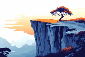 Cliffside Sunset Silhouette. Majestic Tree on a Mountain Landscape - Vector Digital Art of Tranquil Natural Scenery