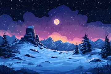 Tranquil Winter Wonderland. Full Moon Over a Snowy Mountain Range and Starry Night Sky