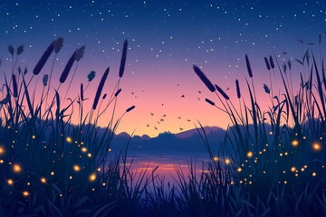 Serene Countryside Evening. Purple Dusk & Fireflies with Reflective Water in Tranquil Landscape