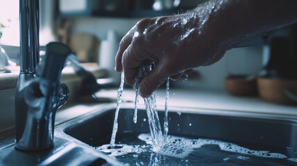 Plumber fixing a burst pipe under a sink in a kitchen. Featuring pipe repair and emergency plumbing