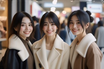 Fototapeta premium Three young Asian women smile warmly for a photo, wearing stylish winter coats in a modern shopping mall. Their happy expressions and fashionable attire create a cheerful atmosphere.