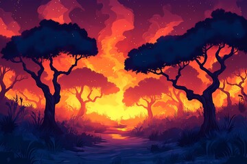 Vibrant Forest Sunset. Imaginative Digital Art of Scenic Twilight & Silhouette Trees